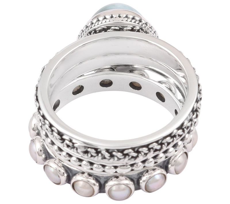 Artisan Crafted Sterling Larimar & Pearl Stacking Ring Set — View 2