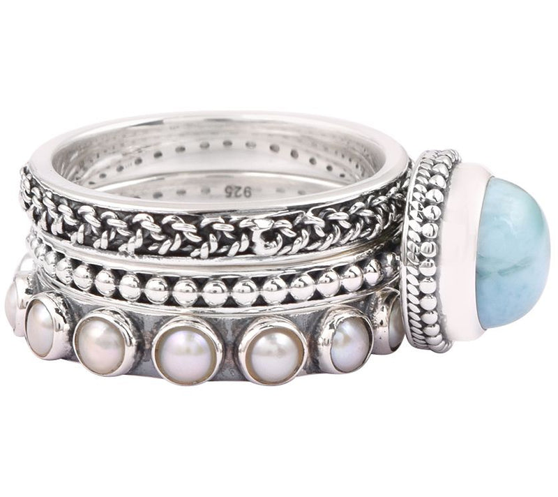 Artisan Crafted Sterling Larimar & Pearl Stacking Ring Set — View 3