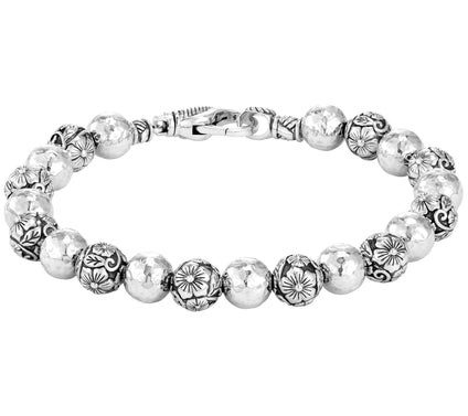 JAI Sterling Silver Hammered & Floral Bead Bracelet