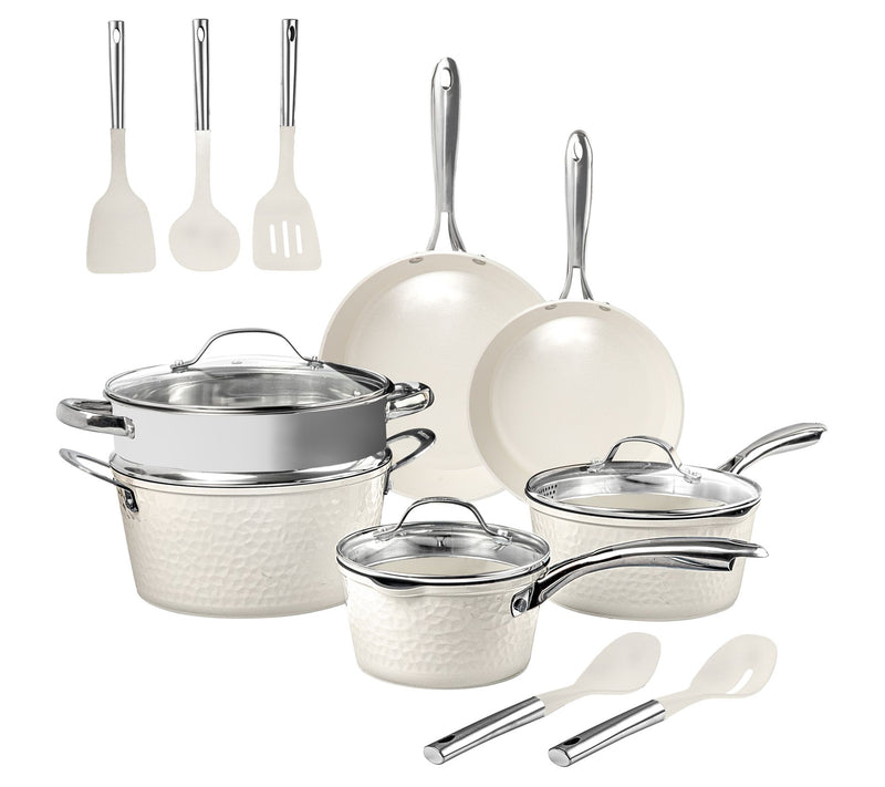Gotham Steel Hammered Cream 15 Piece Cookware and Utensil Set — View 9