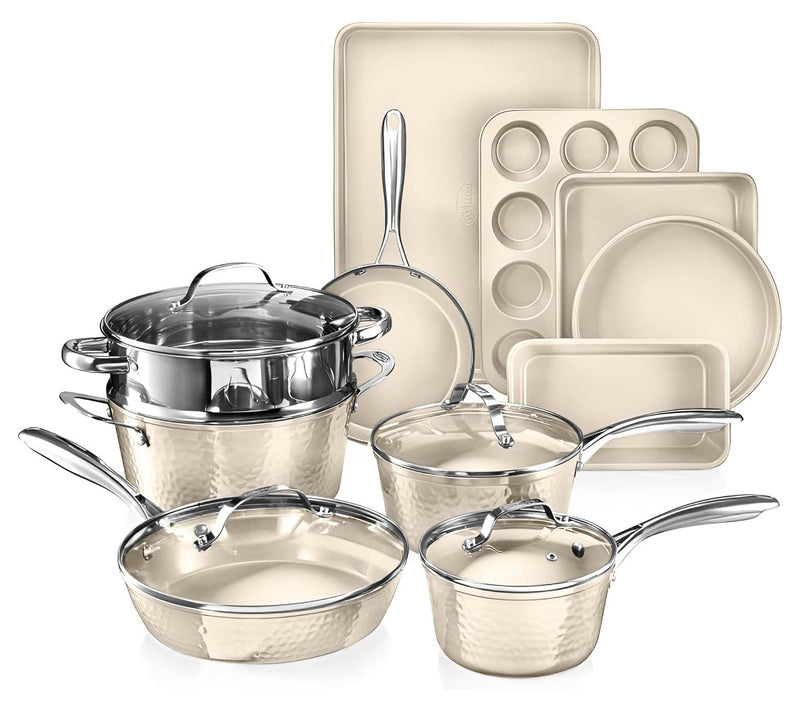 Gotham Steel Hammered Cream 15 Piece Cookware and Bakeware Set — Main view