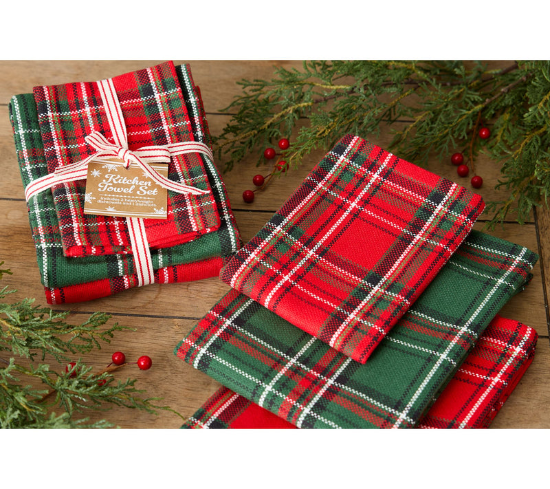 Design Imports S/3 Boughs Of Holly Plaid Kitchen Linens — View 3