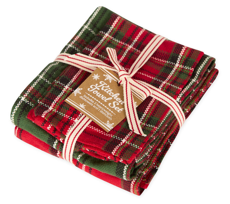 Design Imports S/3 Boughs Of Holly Plaid Kitchen Linens — View 6