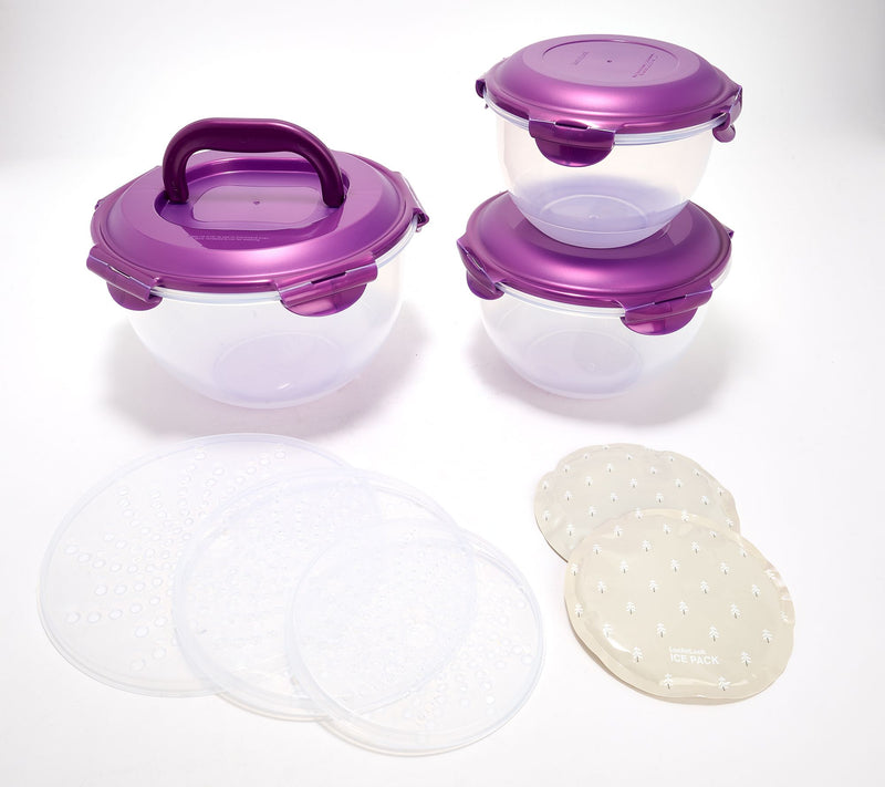 LocknLock 3-Piece Nestable Bowl Set w/ Handle Lid & Ice Packs — View 13