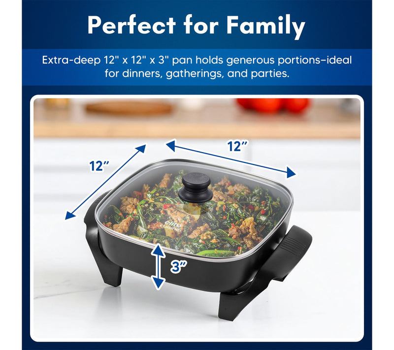 Elite Cuisine 12" x 12" Electric Skillet- Ceralast Ceramic — View 6
