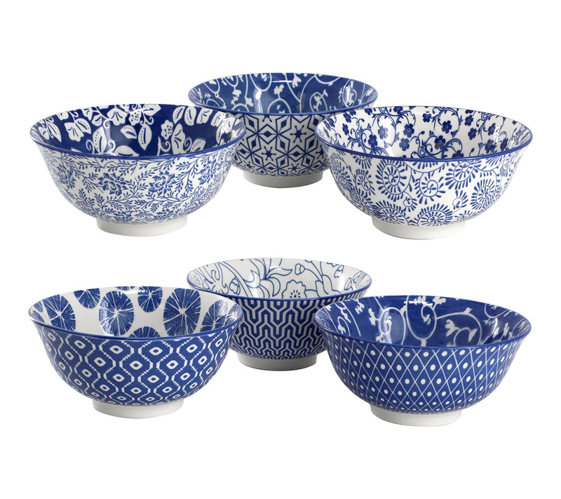 Elama Moxy 6pc Assorted 20oz Porcelain Footed Bowl Set in Blue — View 3