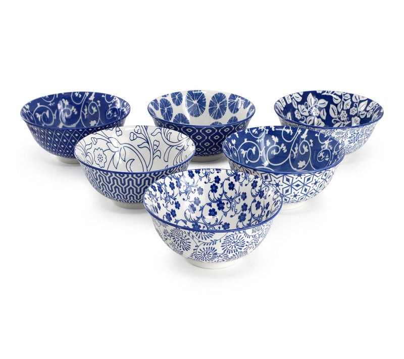Elama Moxy 6pc Assorted 20oz Porcelain Footed Bowl Set in Blue — View 2