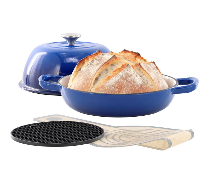 MegaChef 6qt Enameled Cast Iron Bread Pot Bluewith Baking Mat — Main view