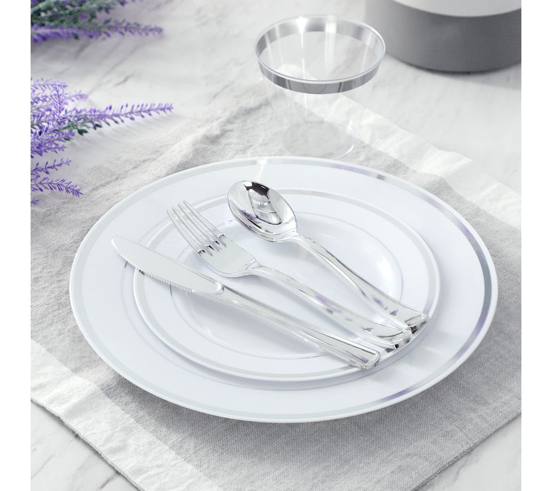Elama 600 Pc Disposable Dinnerware Set for 100in White Silver — View 7