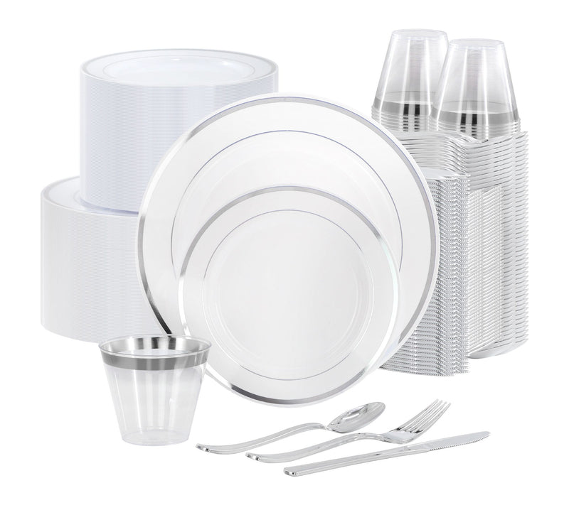 Elama 600 Pc Disposable Dinnerware Set for 100in White Silver — Main view