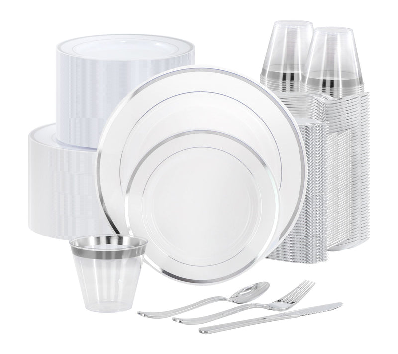 Elama 600 Pc Disposable Dinnerware Set for 100in White Silver — View 9