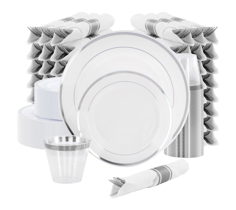 Elama 350 Pc Disposable Dinnerware Set for 50 in White Silver — View 9