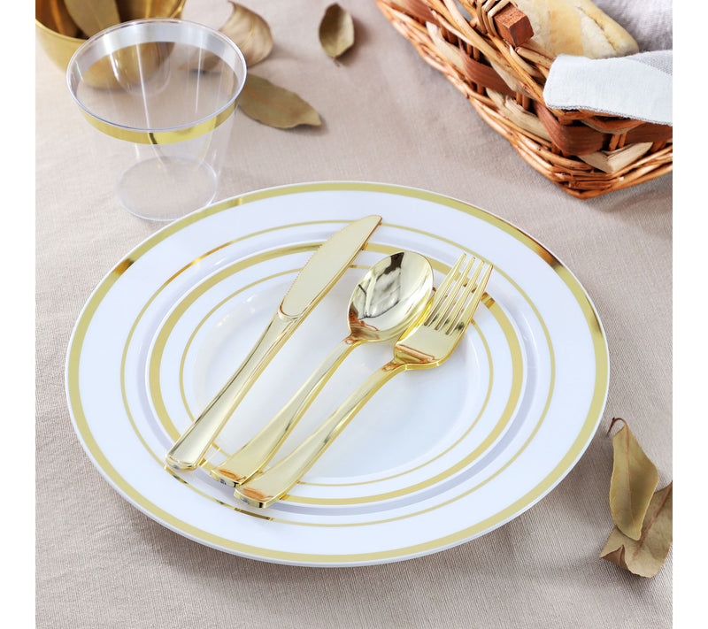 Elama 150 Piece Disposable Dinnerware Set for 25 in White Gold — View 7