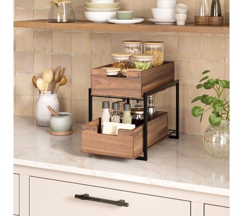 Seville Classics Acacia 2-Tier Sliding Kitchen Storage Baskets — View 7