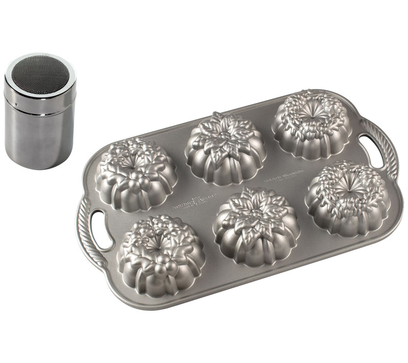 Nordic Ware Wreathlettes Cakelet Pan and Duster — Main view