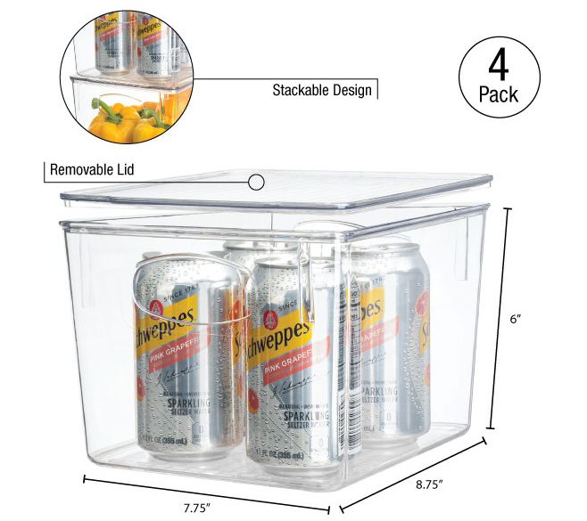 Sorbus 4 Pack Clear Fridge Bins With Handle and Lid — View 6