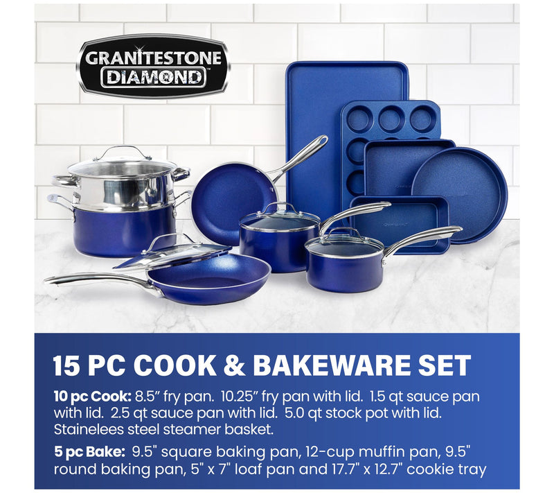 Granitestone Blue 15 Piece Nonstick Cookware an d Bakeware Set — View 4