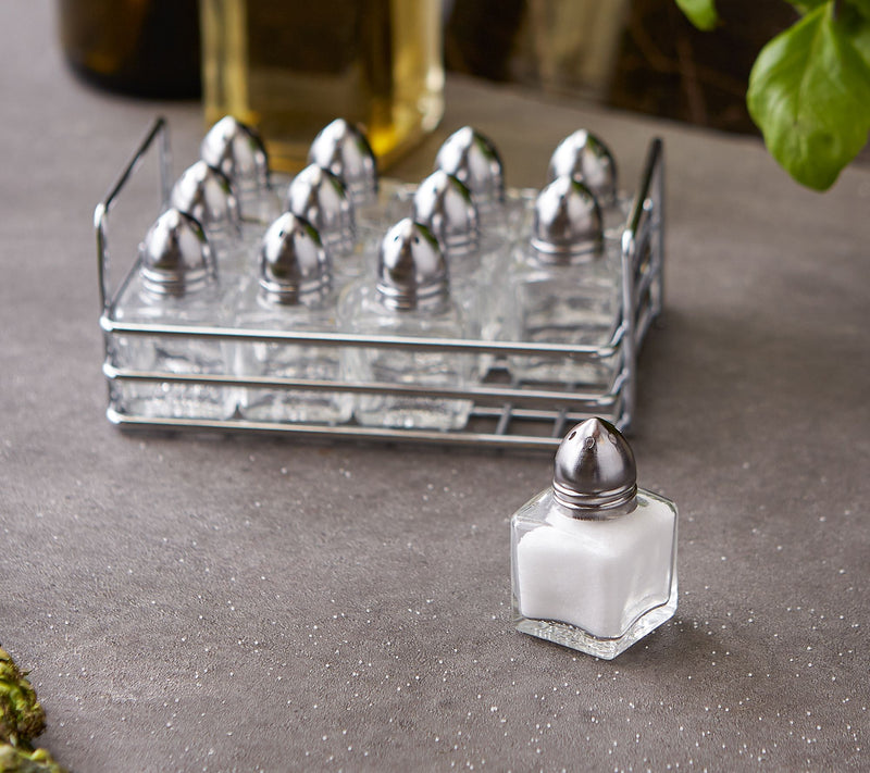 RSVP Set of 12 Mini Glass Salt & Pepper Shakerswith Rack — View 7
