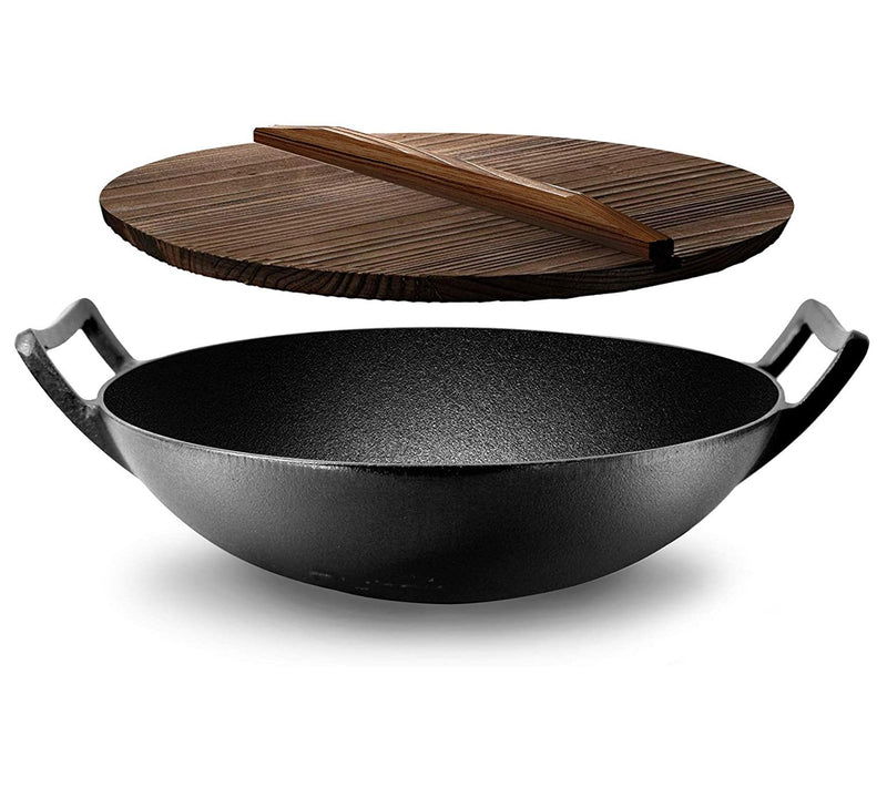 Nutrichef Cast Iron Stir Fry Wok with Wooden Lid — Main view