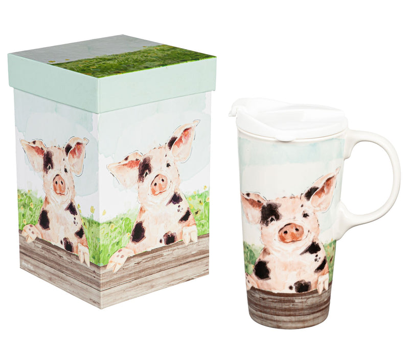 Evergreen 17-oz Ceramic Spotted Pig Travel Cup — Main view