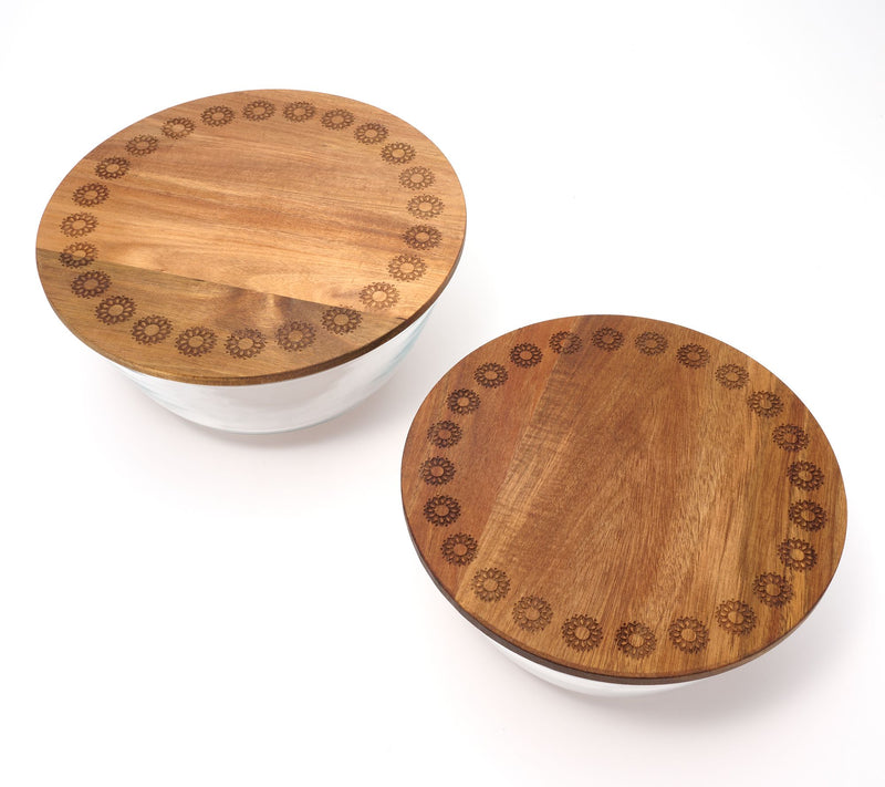 Aarti Sequeira 2-Pc Nestable Glass Serving Bowls w/Etched Acacia Wood Lid — View 2