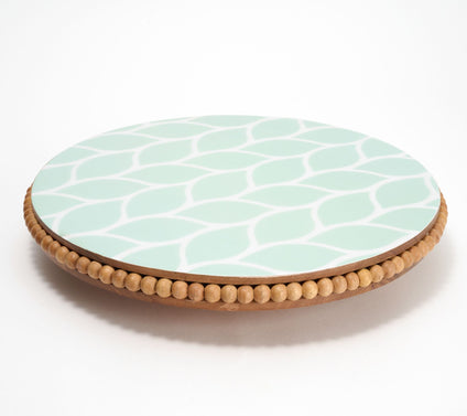 Temp-tations Carved Willow Beaded Acacia Lazy Susan w/ Decal Print