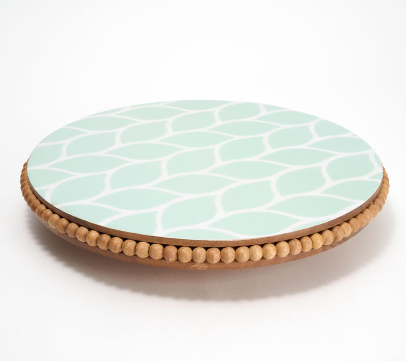 Temp-tations Carved Willow Beaded Acacia Lazy Susan w/ Decal Print — Main view