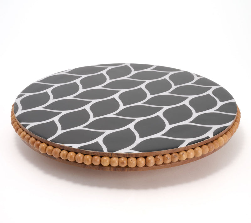 Temp-tations Carved Willow Beaded Acacia Lazy Susan w/ Decal Print — View 3