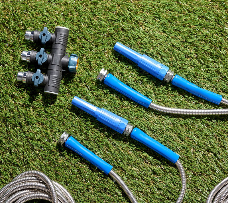 Bernini Set of 2 25' Expanding Metal Hoses w/ 3-way Splitter — Main view