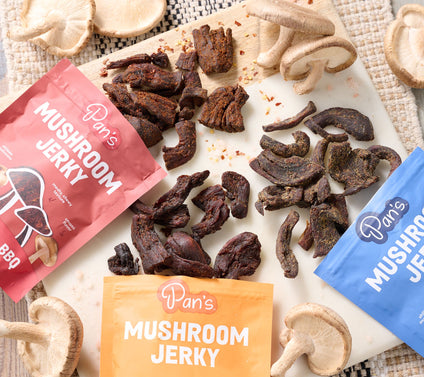 Pan's (3) 2.2oz Mushroom Jerky in Teriyaki, Original or Applewood BBQ