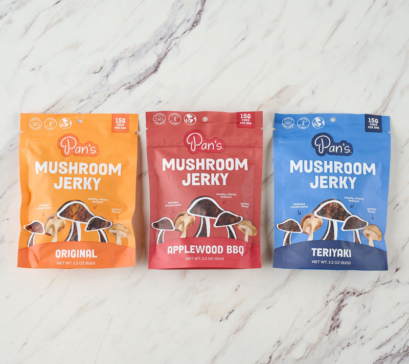 Pan's (3) 2.2oz Mushroom Jerky in Teriyaki, Original or Applewood BBQ — View 2