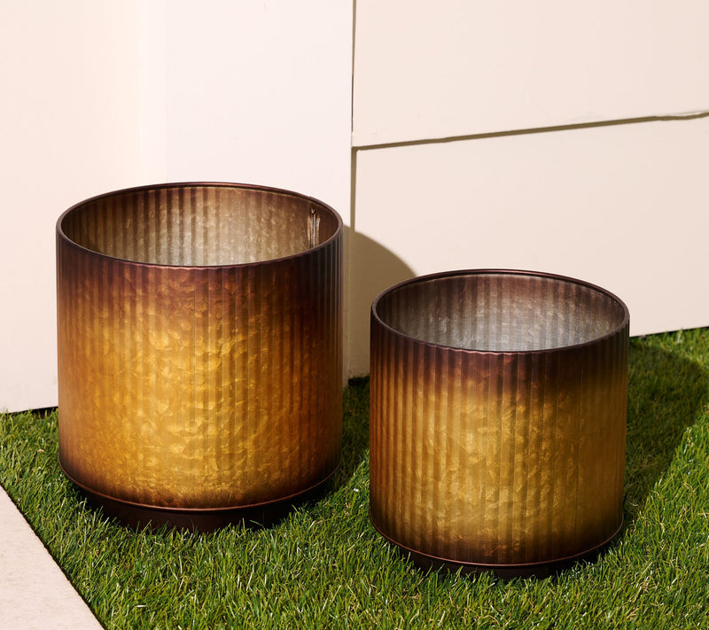 Garden Reflections Set of 2 Metal Planters with Ridges — View 2