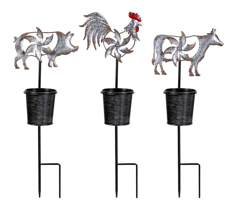 "As Is" Plow & Hearth Set of 3 Barnyard Animal Stakes w/ Mini Spinners — Main view